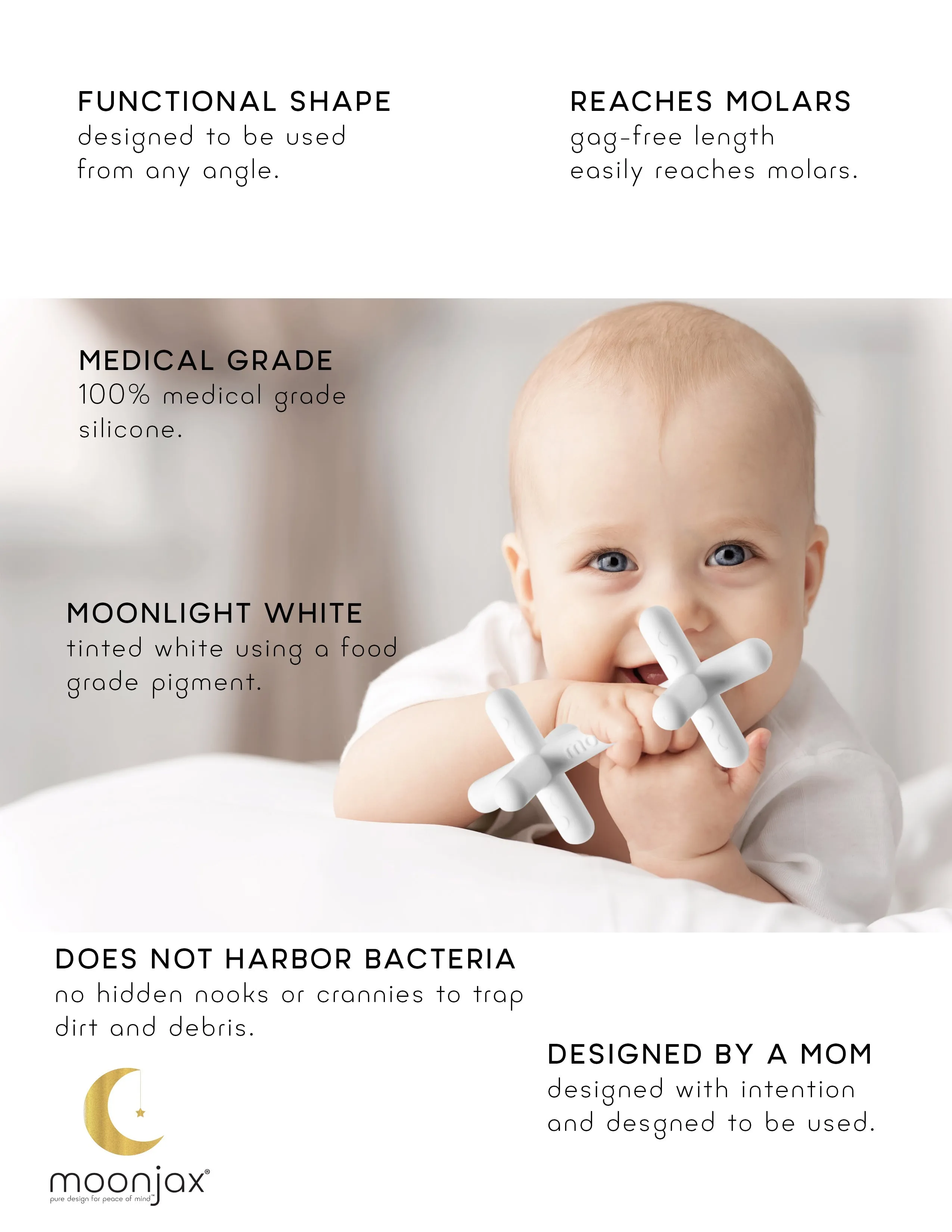 1-pack Moonlight White Silicone Patented Moonjax Best Baby Teether
