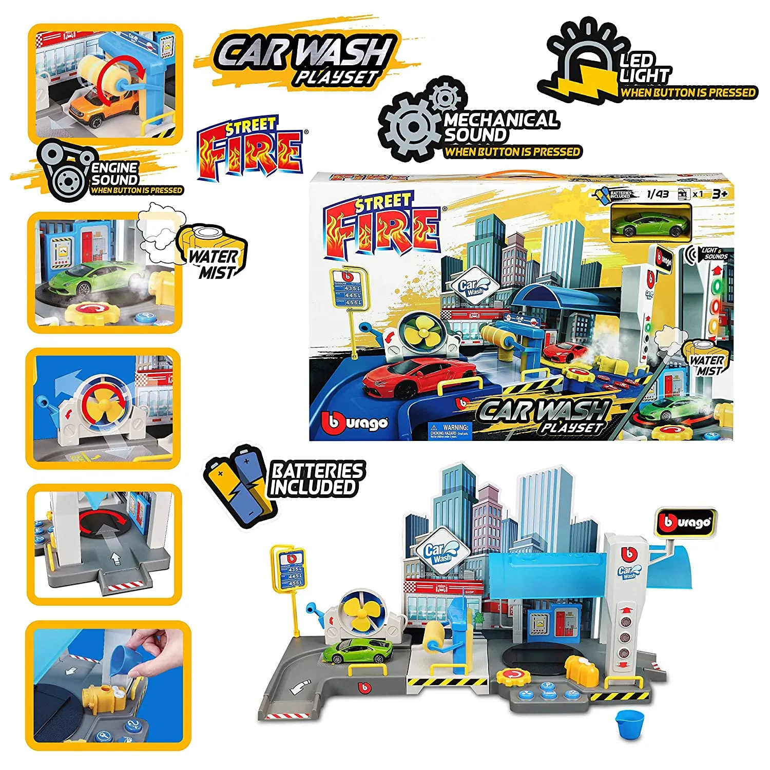 Bburago Street Fire  Car Wash Playset High Detail Model Car Diecast Set - Blue