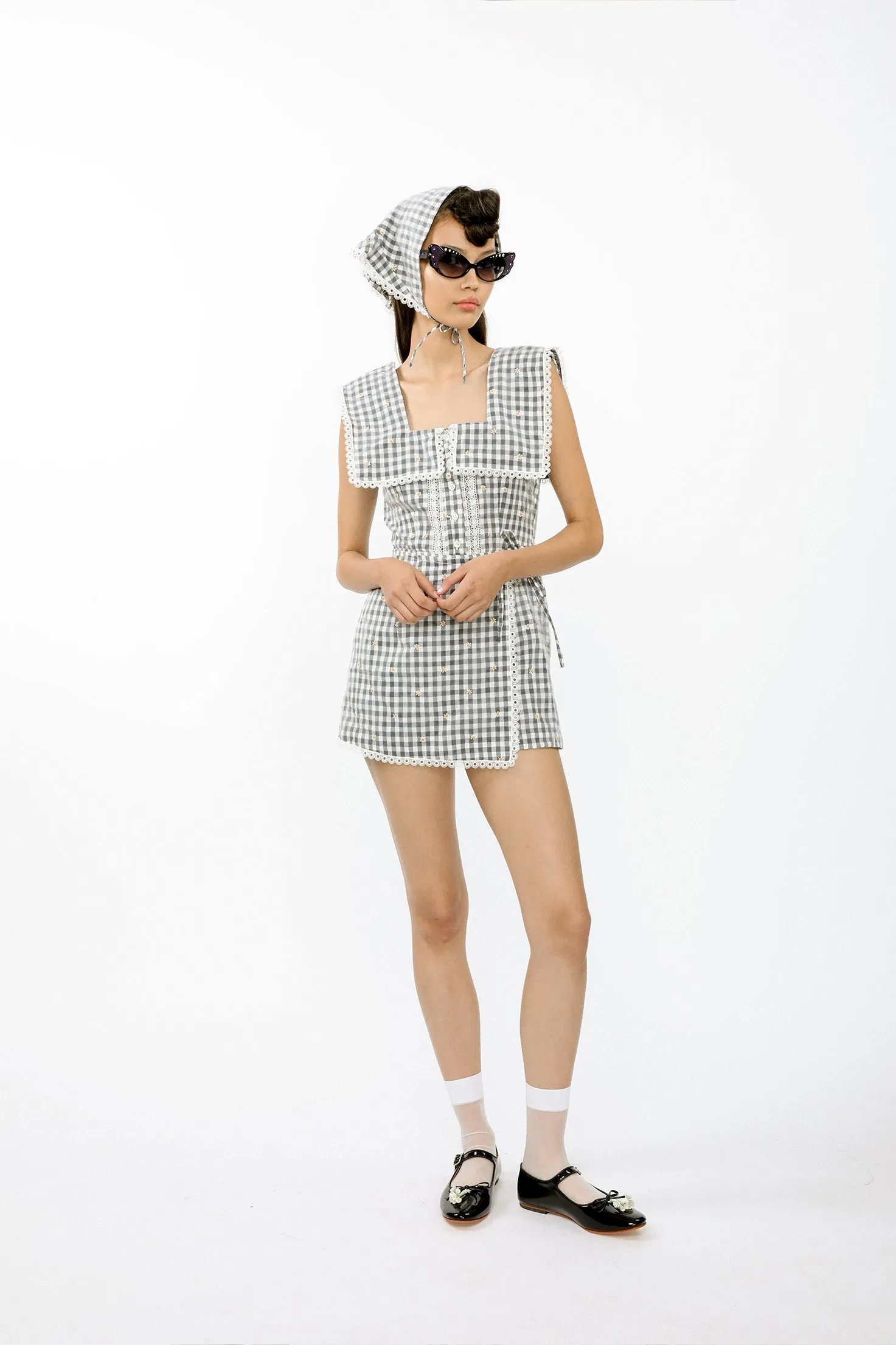 Daisy Embroidery on Gingham Tie Romper
