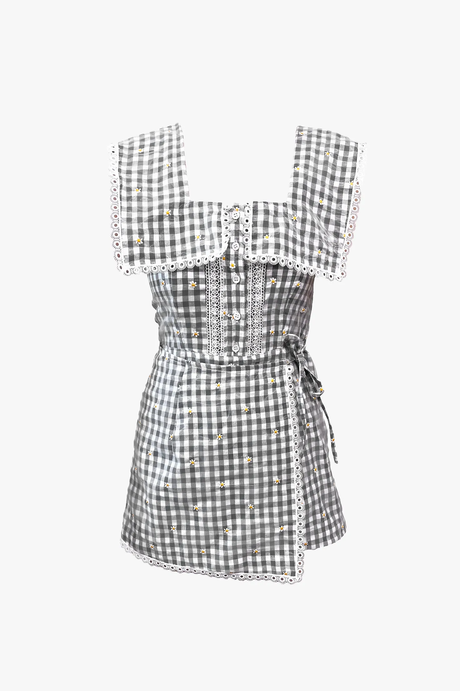 Daisy Embroidery on Gingham Tie Romper