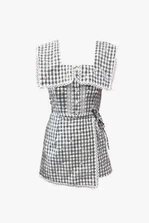 Daisy Embroidery on Gingham Tie Romper