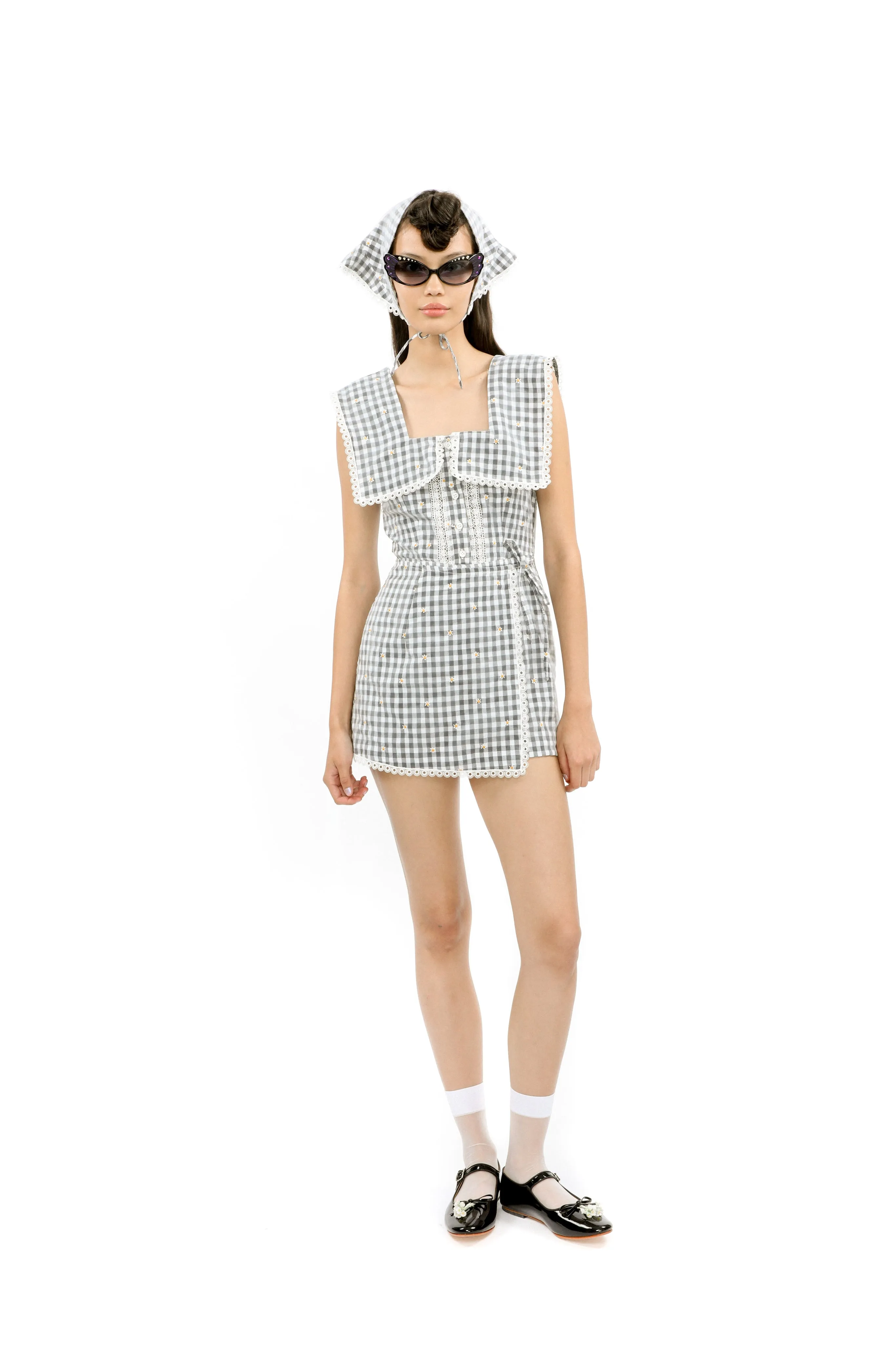 Daisy Embroidery on Gingham Tie Romper