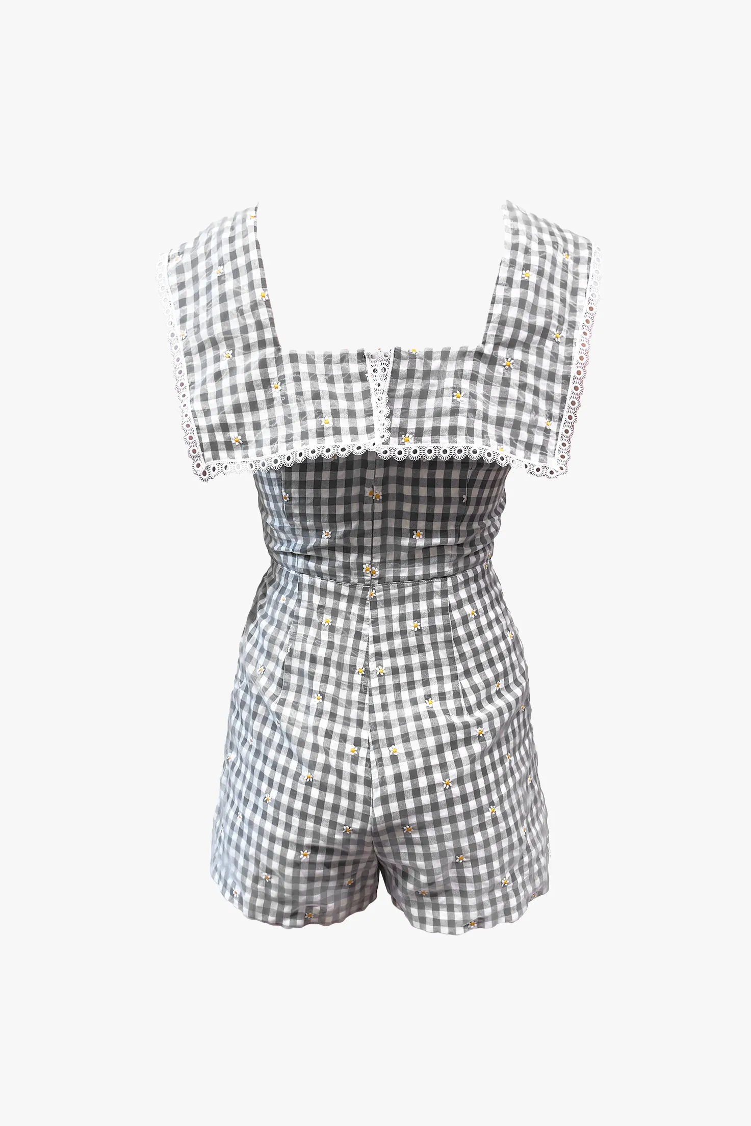Daisy Embroidery on Gingham Tie Romper