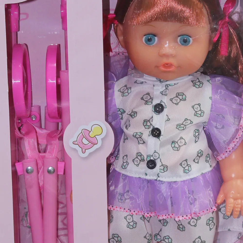 Doll with Stroller & Accessories  White & Purple Dress with Teddy Bears