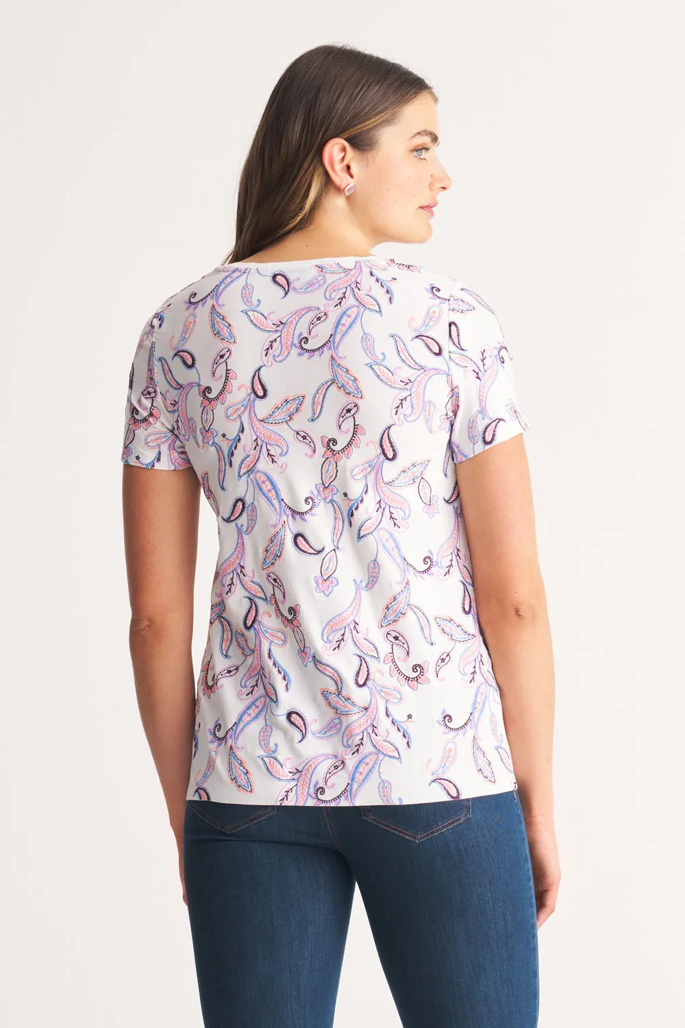 Embroidered Scoop Neck T-Shirt - Embroidered Paisley