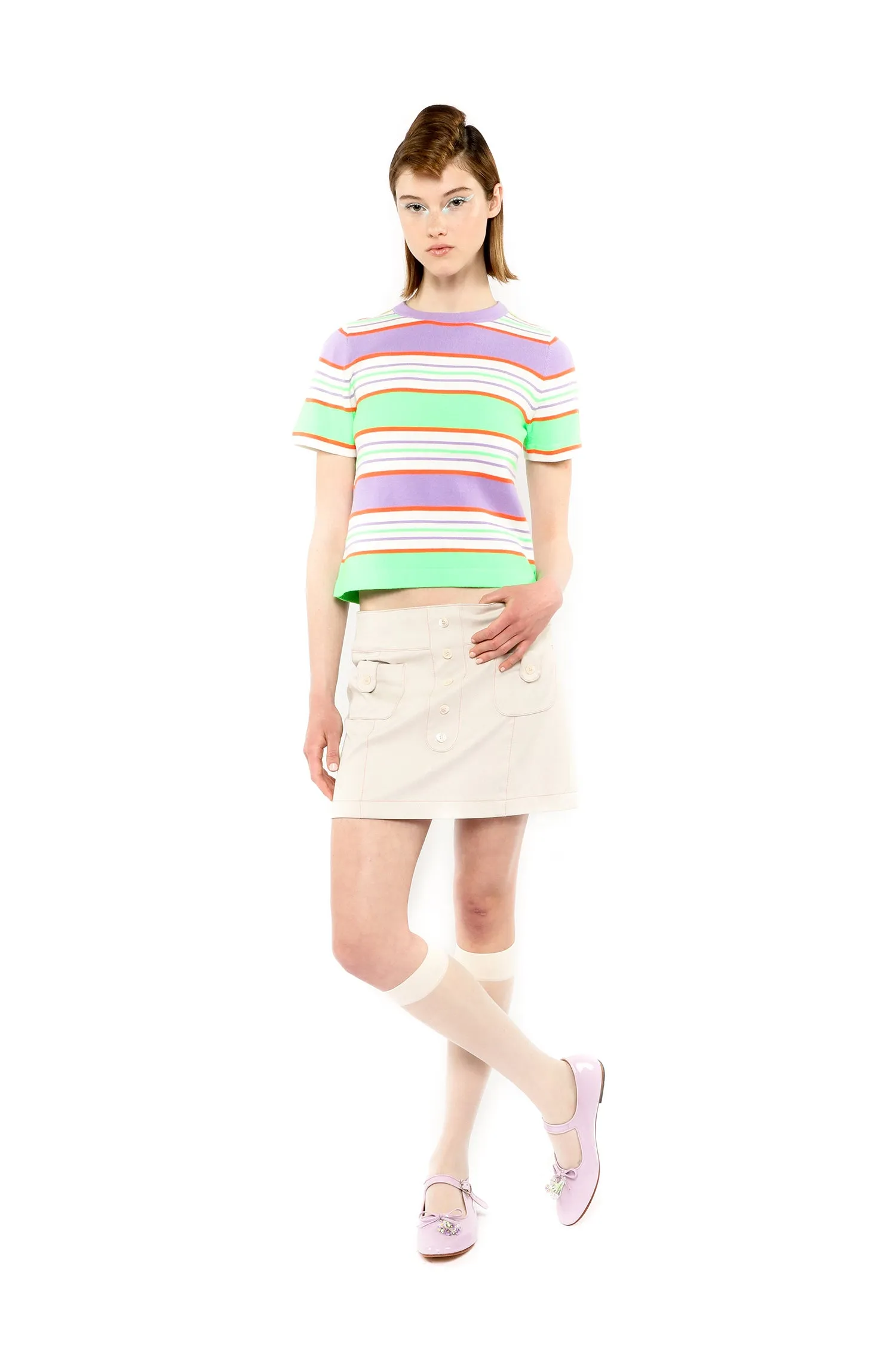 Fluorescent Stripe Short Sleeve Knit Top-Lavender