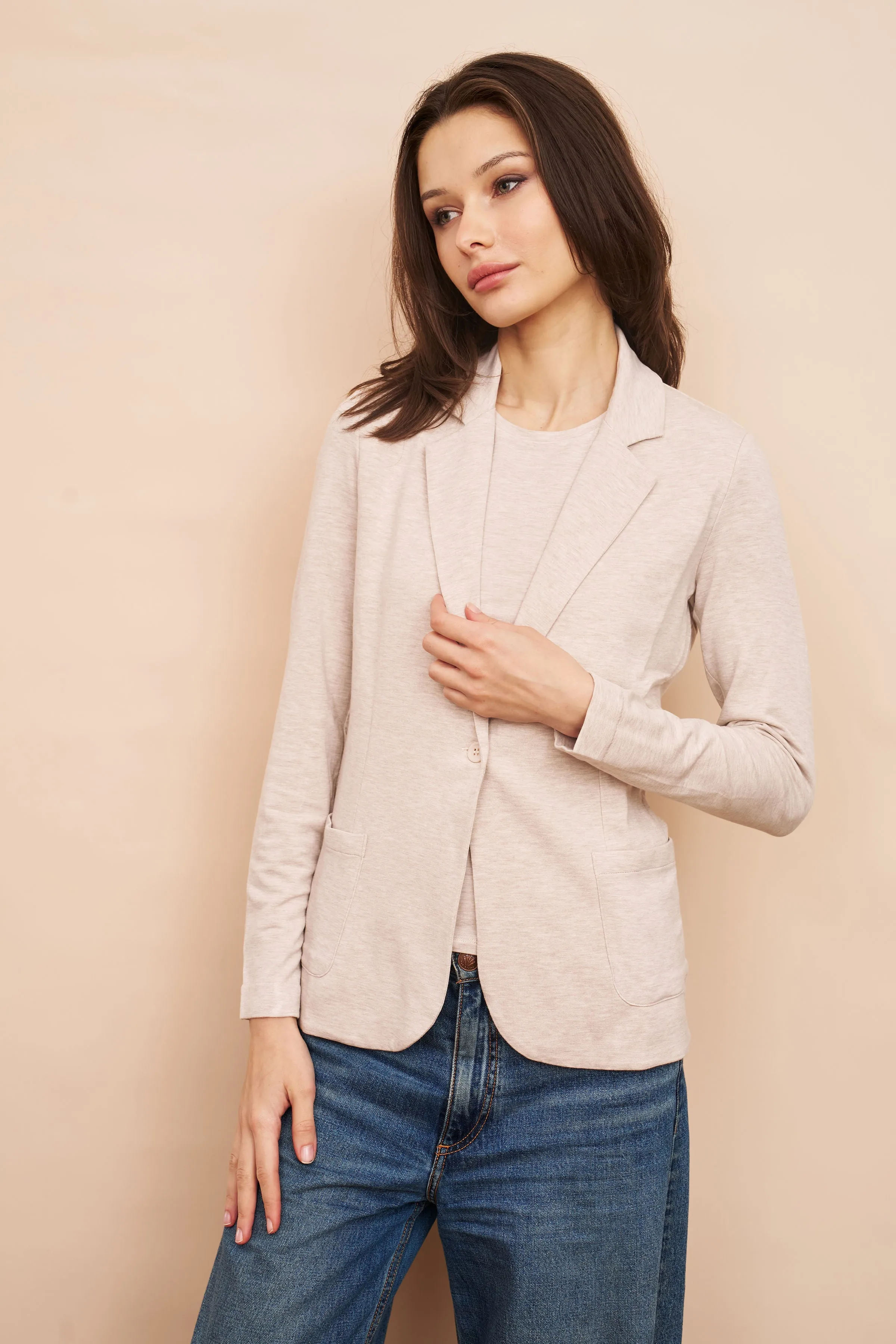 French Terry One Button Blazer in Ecru Chine