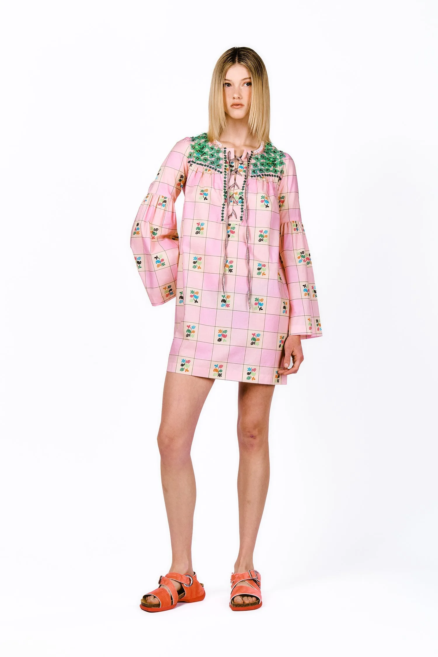 Giant Floral Gingham Embroidered Dress