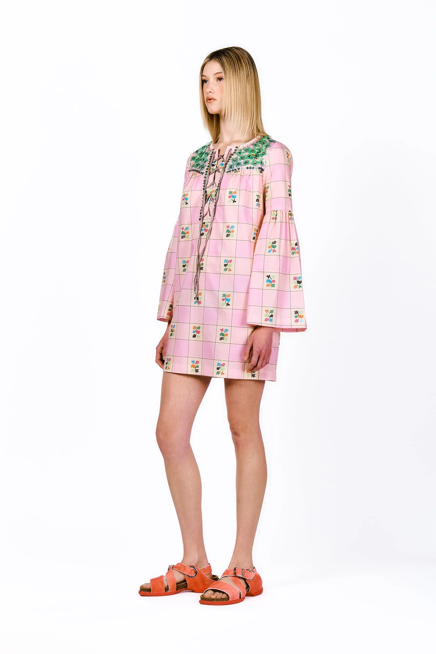 Giant Floral Gingham Embroidered Dress