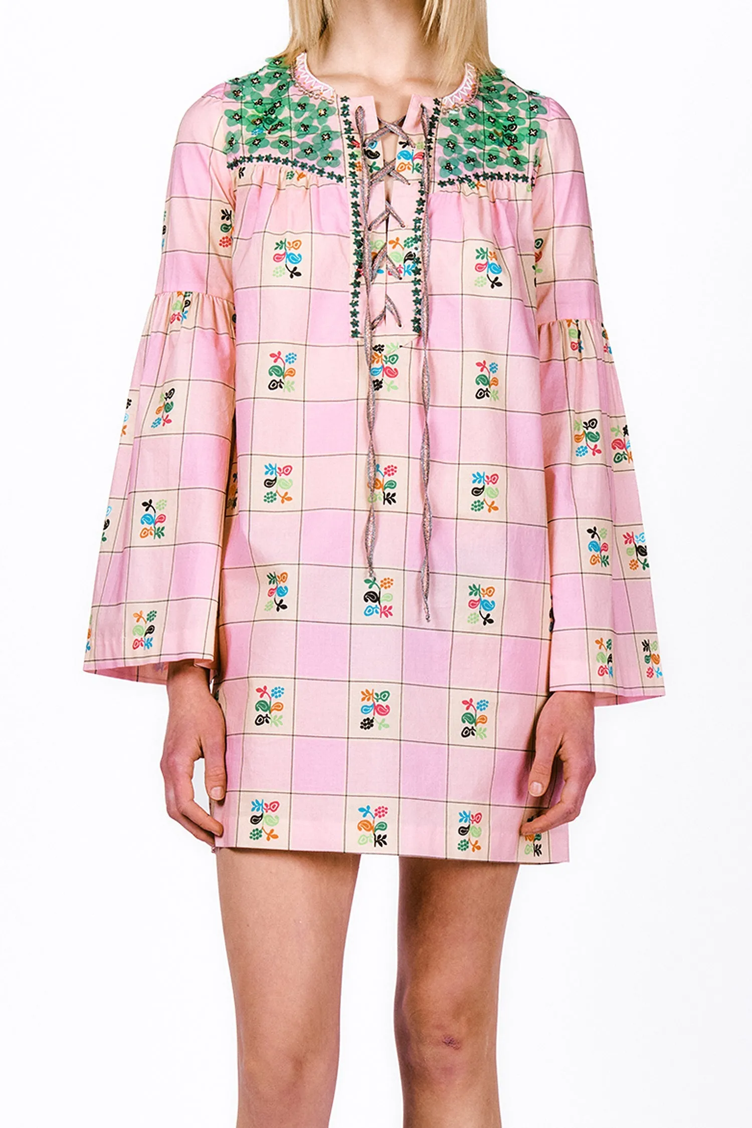 Giant Floral Gingham Embroidered Dress