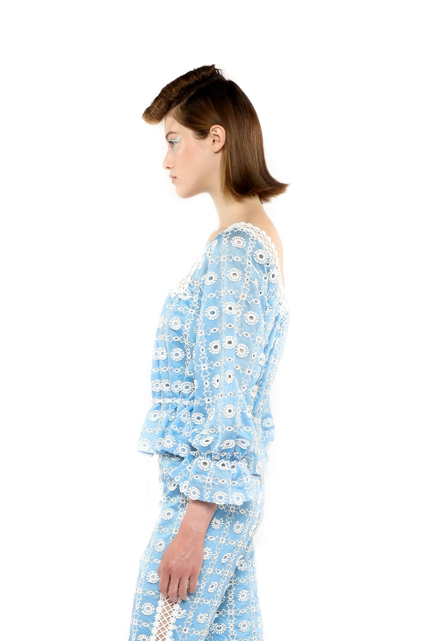 Lattice Lace Embroidery Tie Blouse