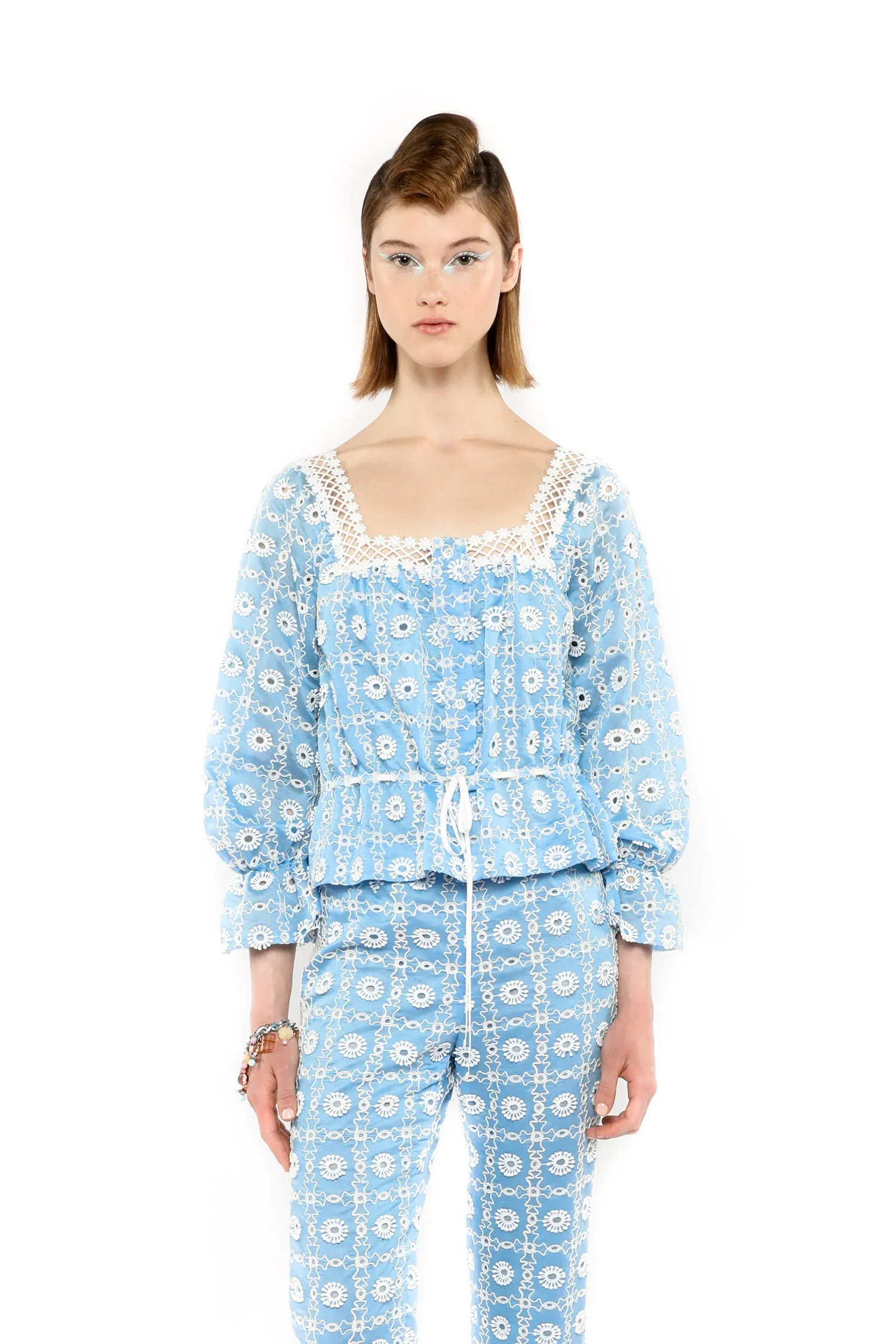 Lattice Lace Embroidery Tie Blouse