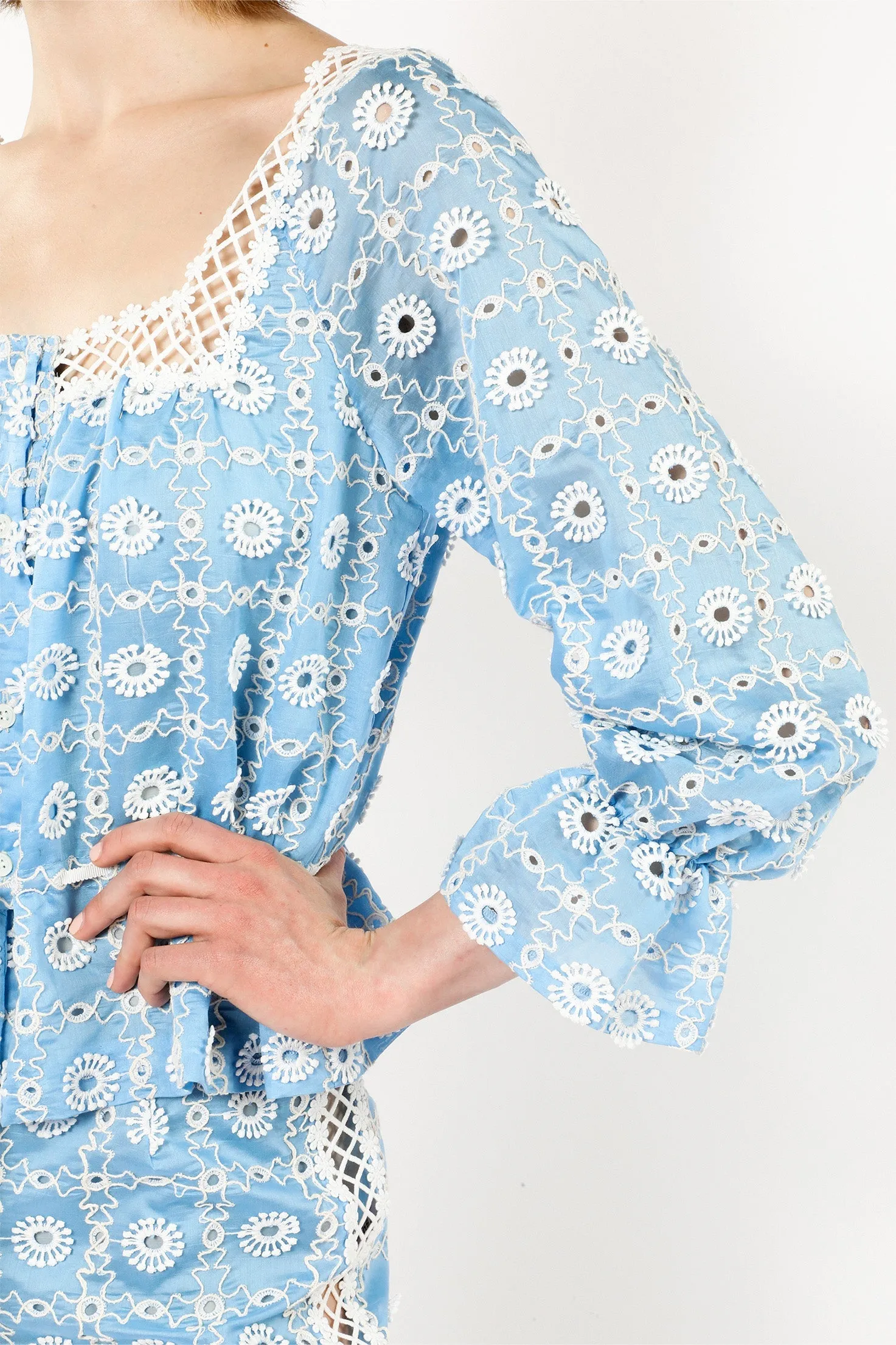 Lattice Lace Embroidery Tie Blouse