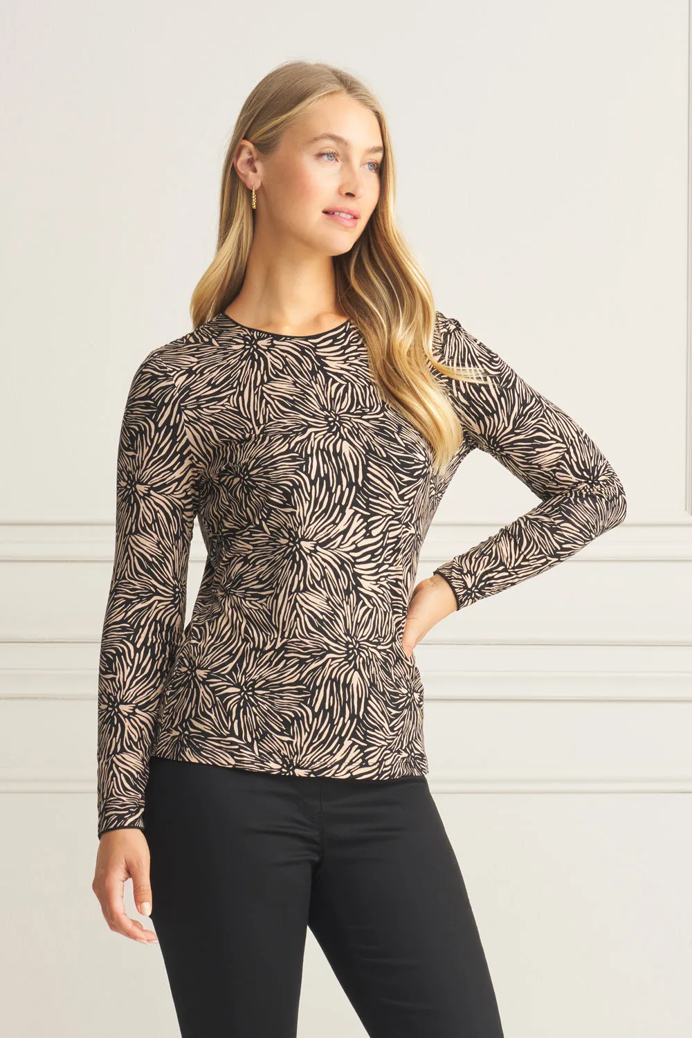 Long Sleeve Crew Neck Top - Woodcut Print
