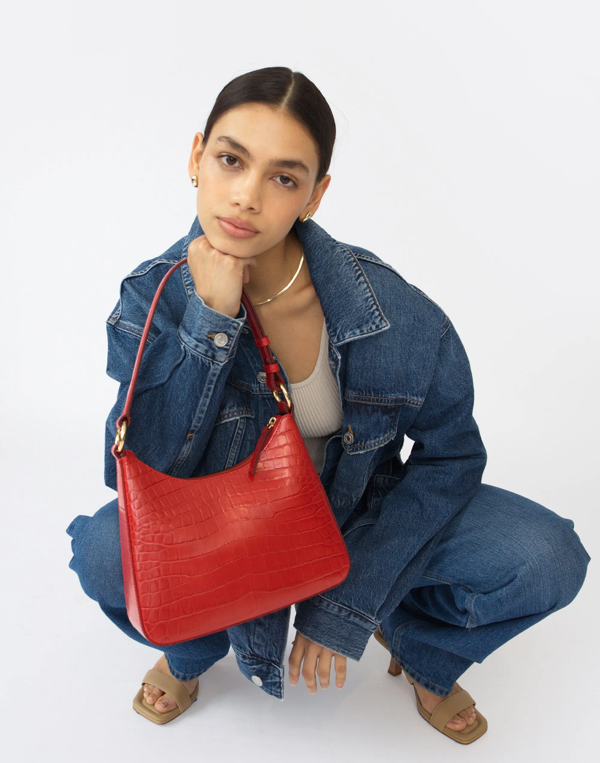 Luxe Medium Shoulder Bag - Bright Red Croco