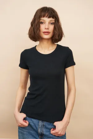 Lyocell Cotton Baby Rib Short Sleeve Crewneck in Noir