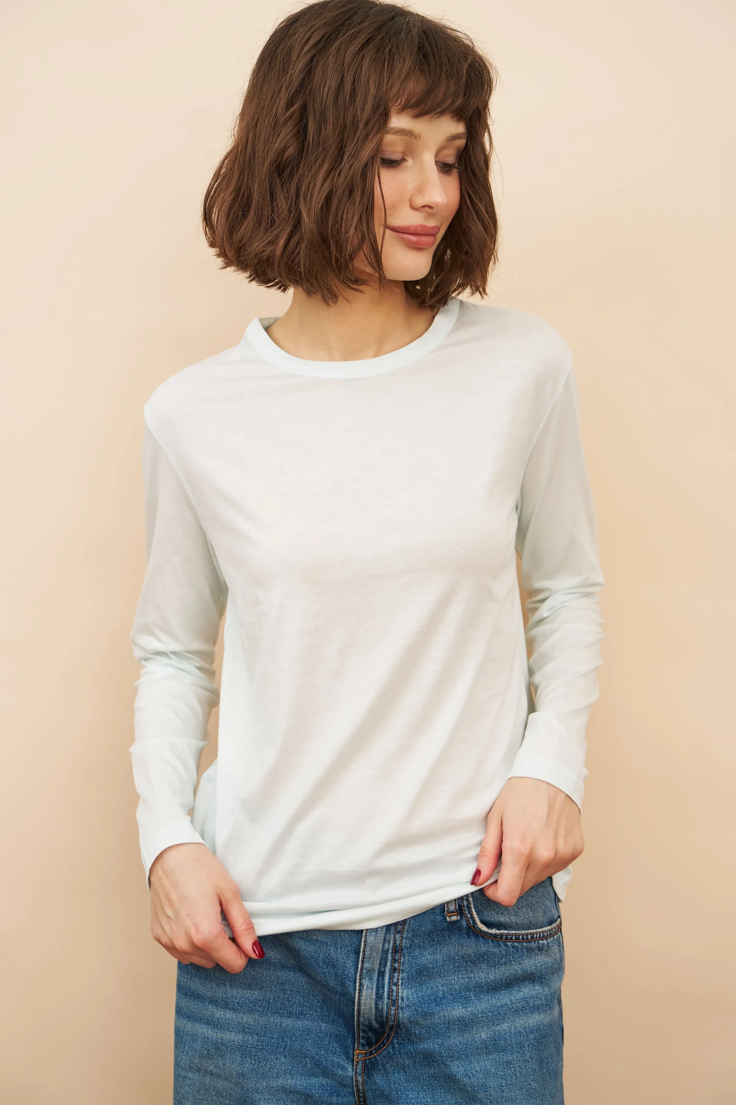 Lyocell Cotton Long Sleeve Semi Relaxed Crewneck in Ciel