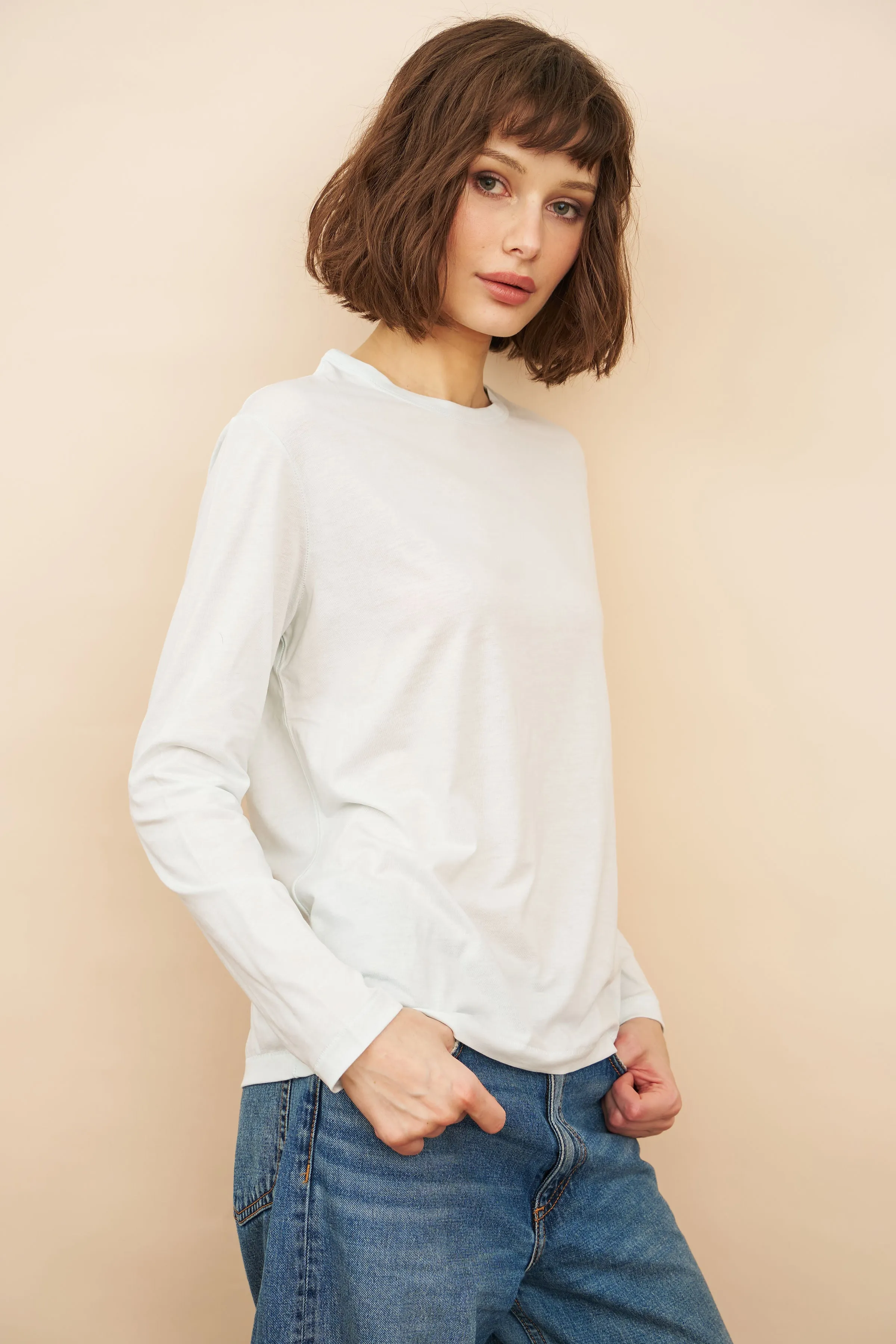 Lyocell Cotton Long Sleeve Semi Relaxed Crewneck in Ciel