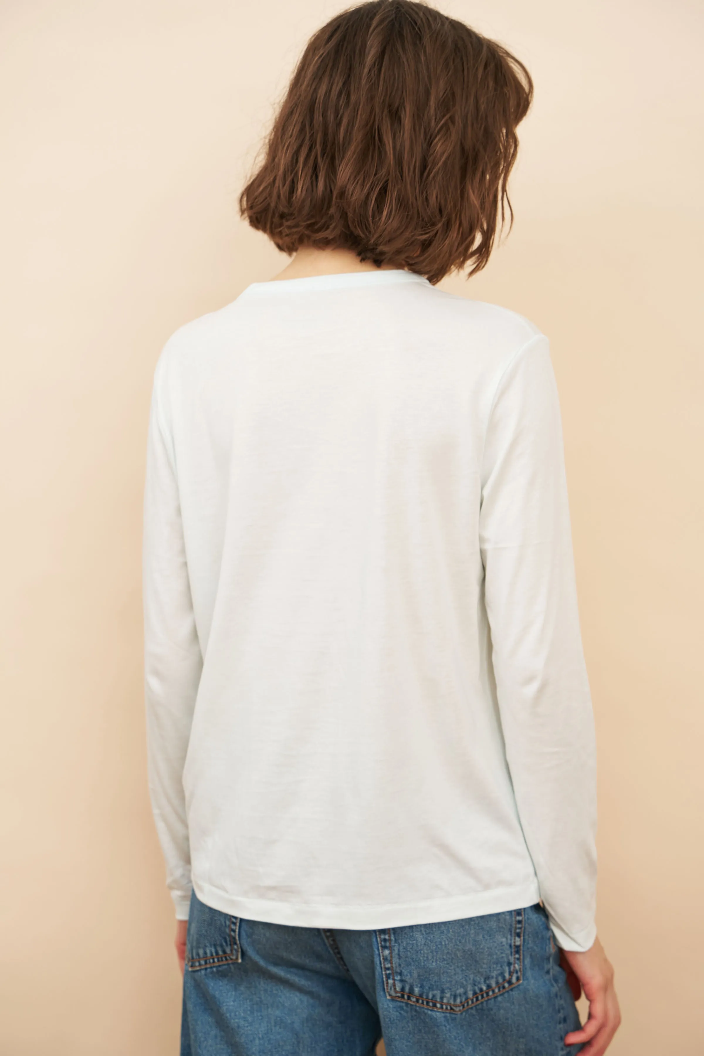 Lyocell Cotton Long Sleeve Semi Relaxed Crewneck in Ciel