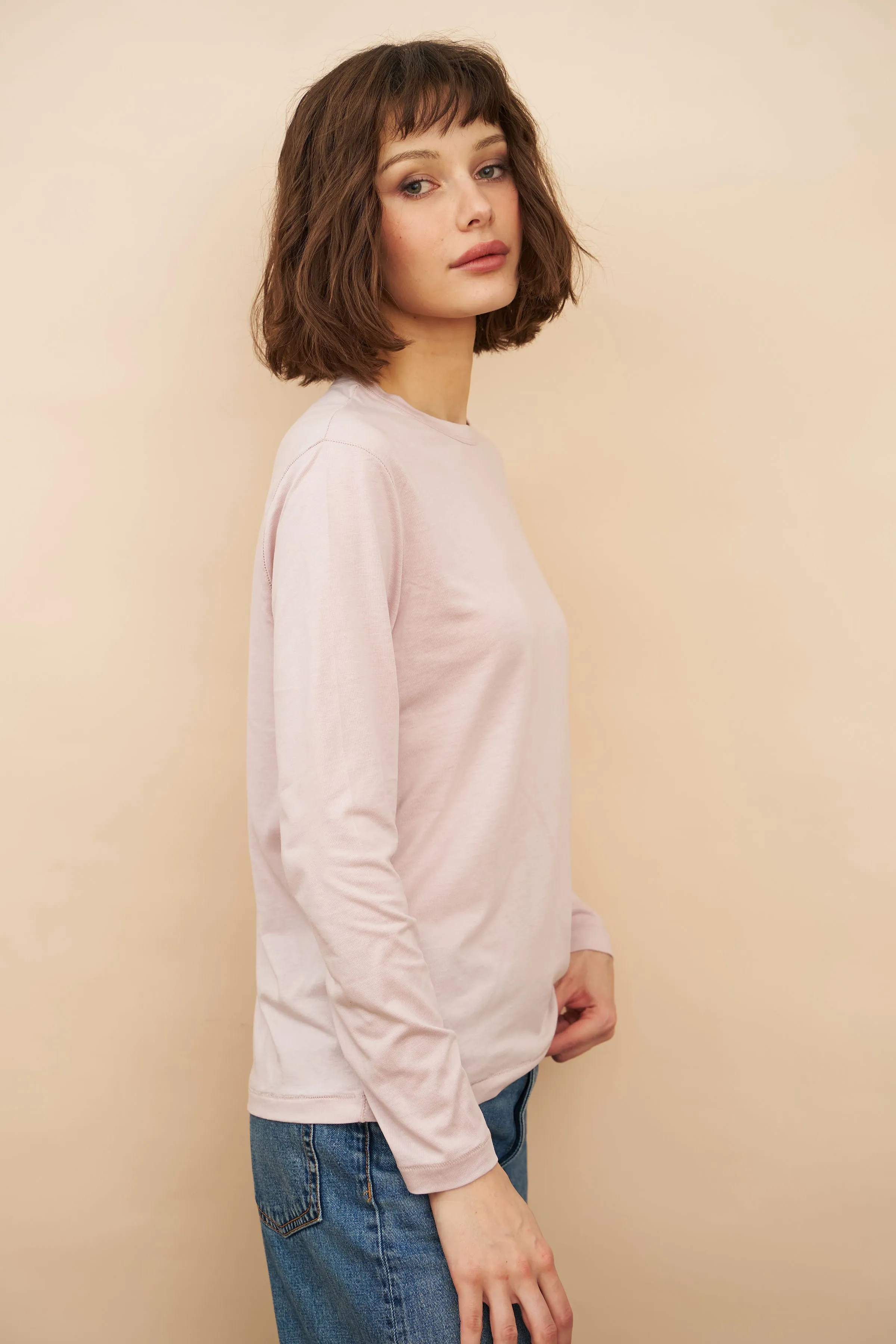 Lyocell Cotton Long Sleeve Semi Relaxed Crewneck in Glycine