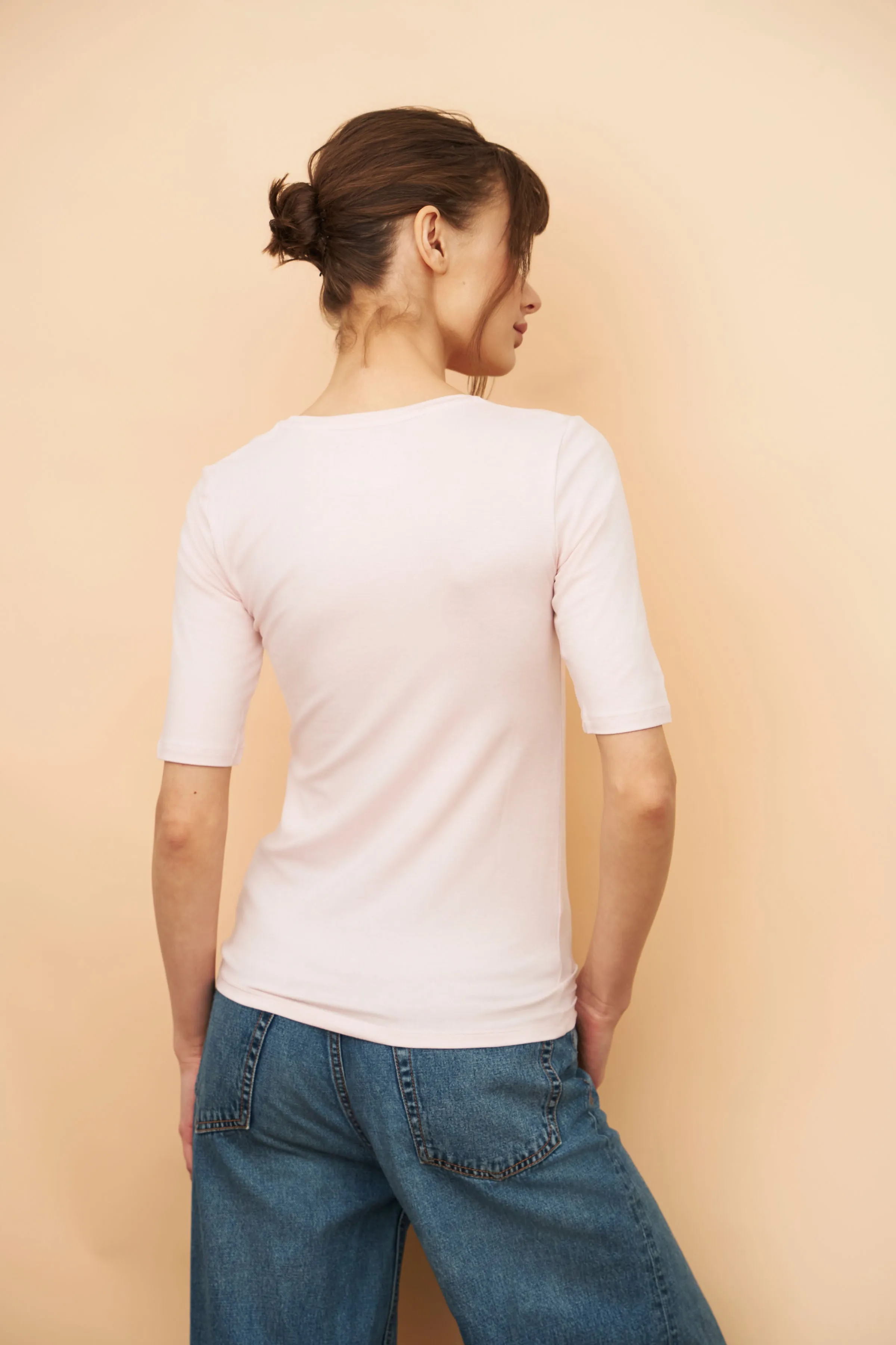 Majestic Elbow Sleeve Scoop Neck Tee in Petale