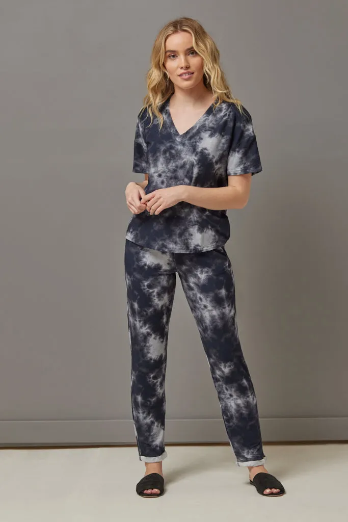 Majestic French Terry Tie Dye Semi Relaxed V Neck in Marine