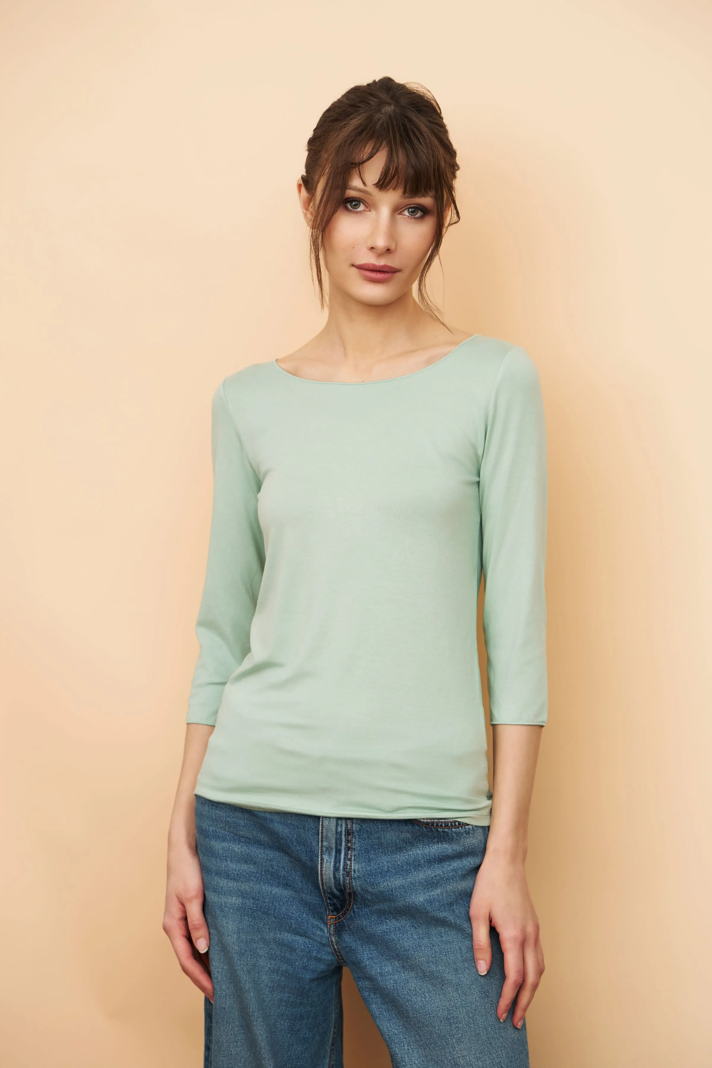 Majestic Soft Touch 3/4 Sleeve Merrow Edge Boatneck in Azur