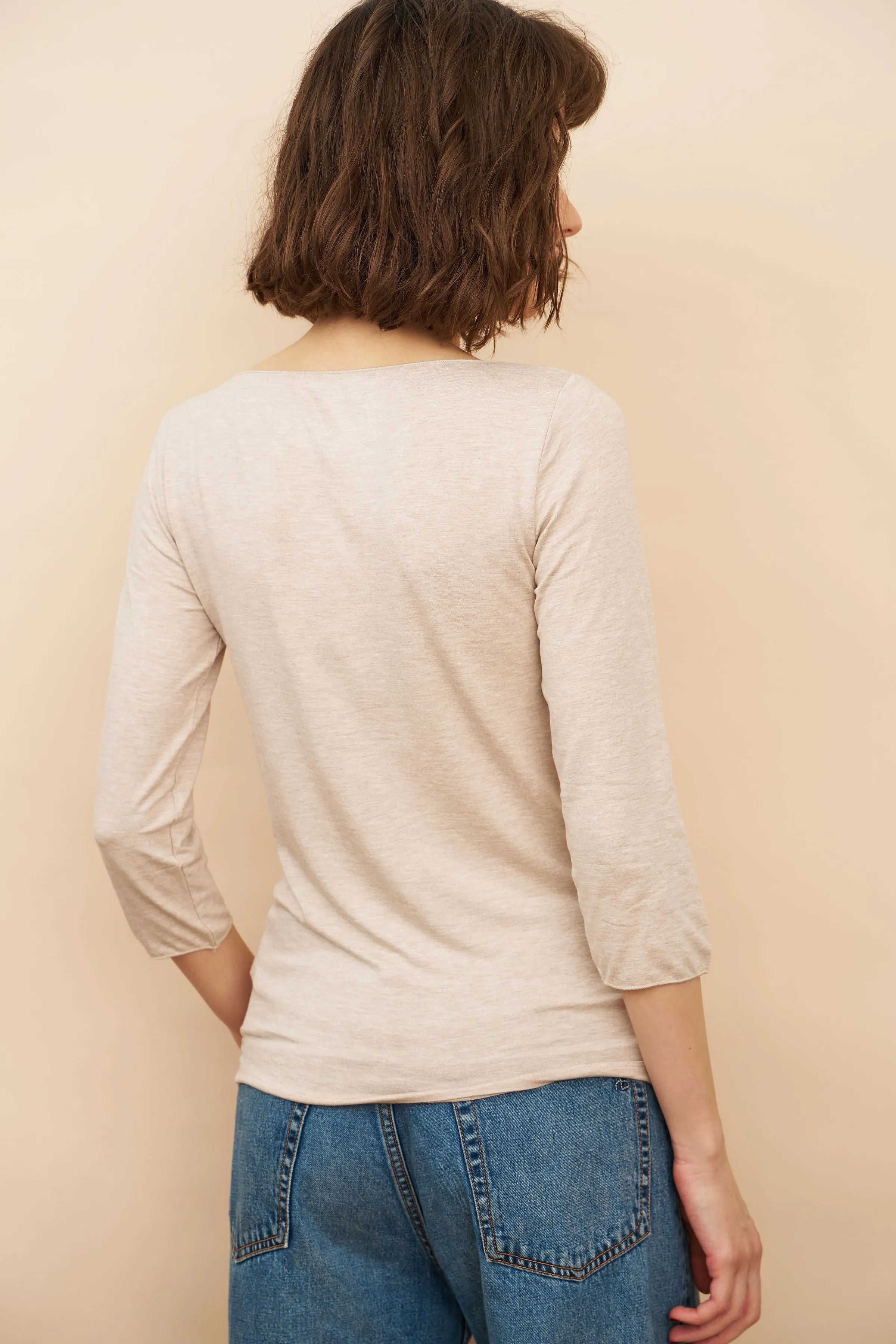Majestic Soft Touch 3/4 Sleeve Merrow Edge Boatneck in Ecru Chine