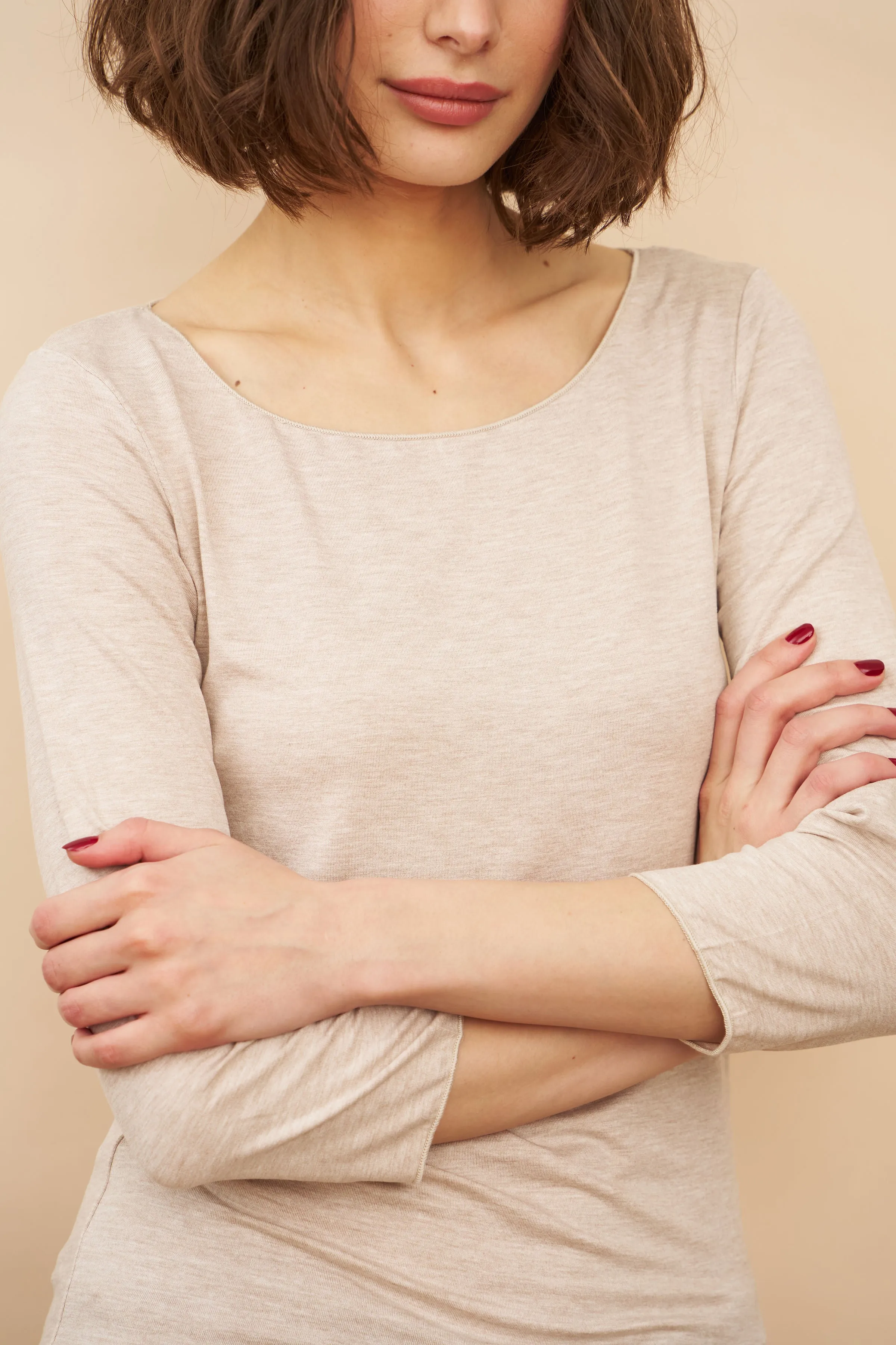 Majestic Soft Touch 3/4 Sleeve Merrow Edge Boatneck in Ecru Chine