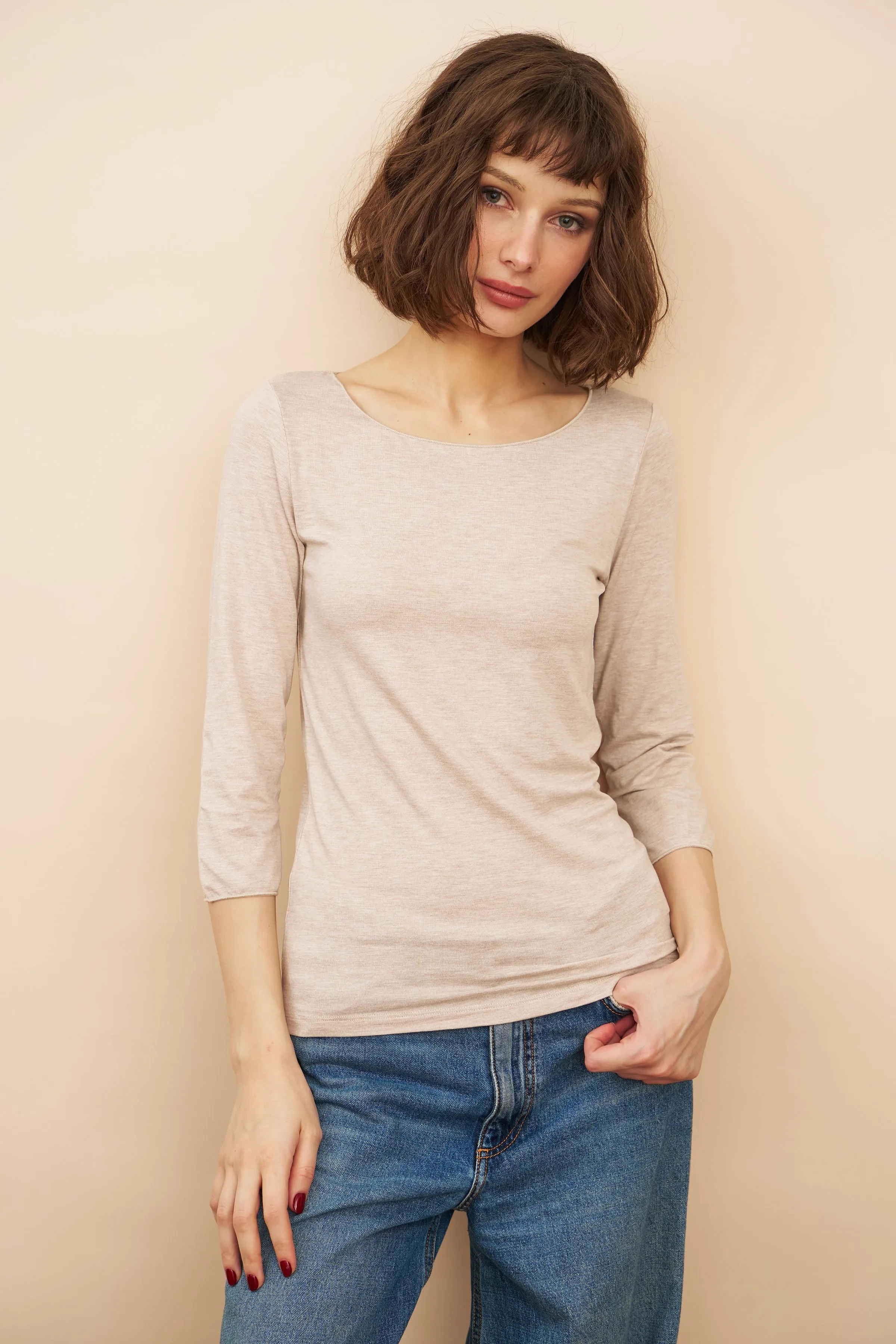 Majestic Soft Touch 3/4 Sleeve Merrow Edge Boatneck in Ecru Chine