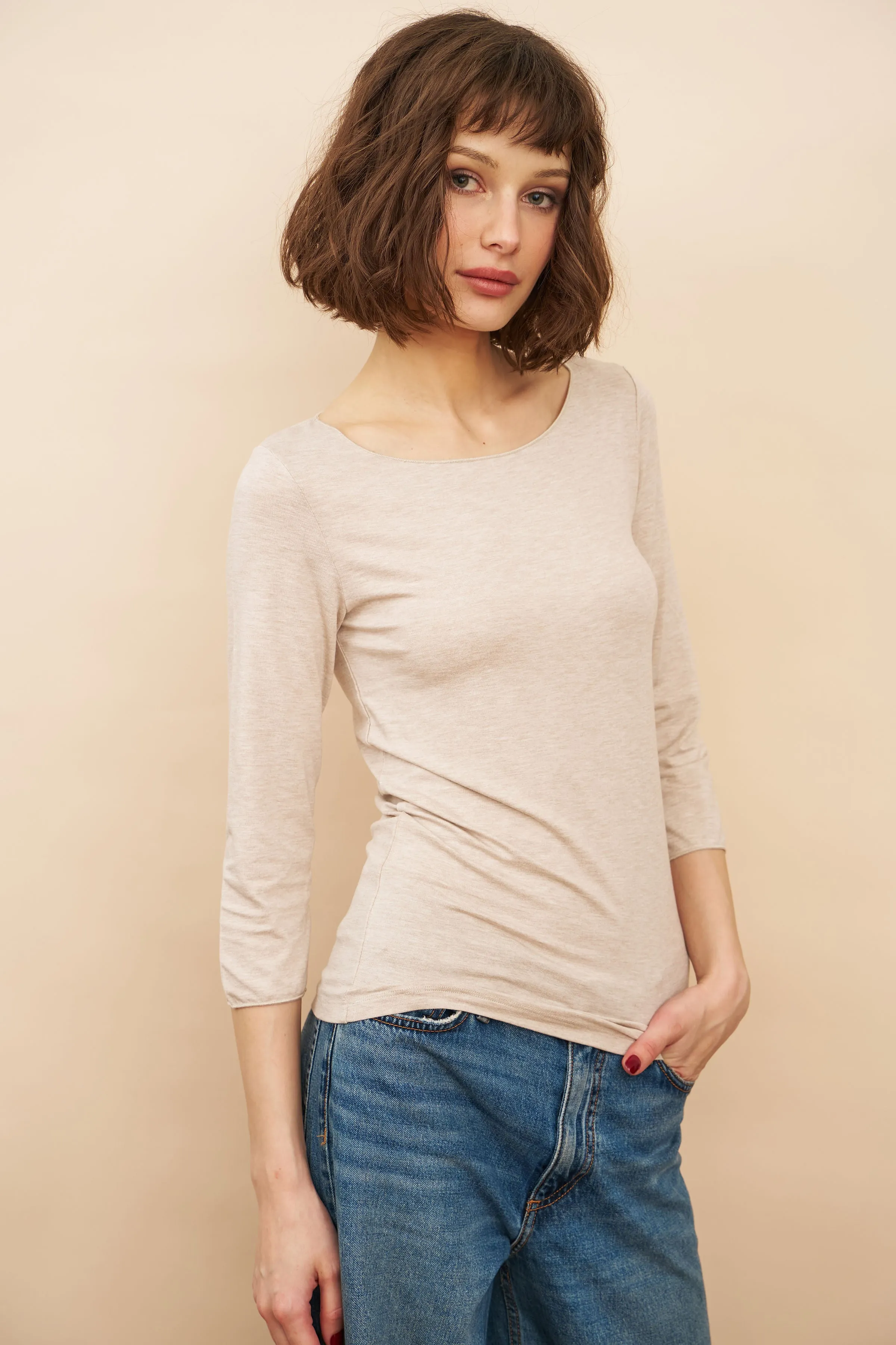 Majestic Soft Touch 3/4 Sleeve Merrow Edge Boatneck in Ecru Chine