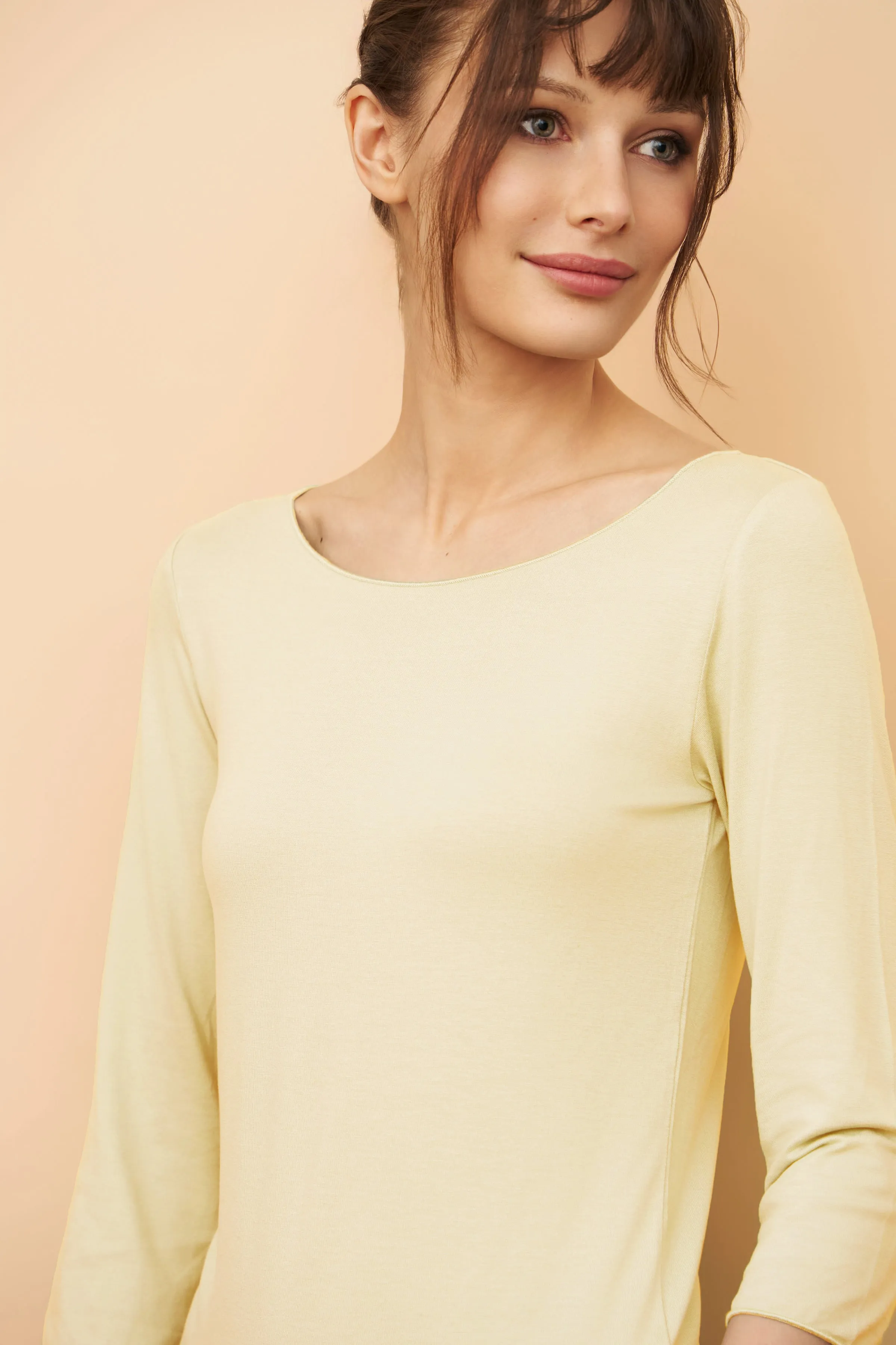 Majestic Soft Touch 3/4 Sleeve Merrow Edge Boatneck in Poussin