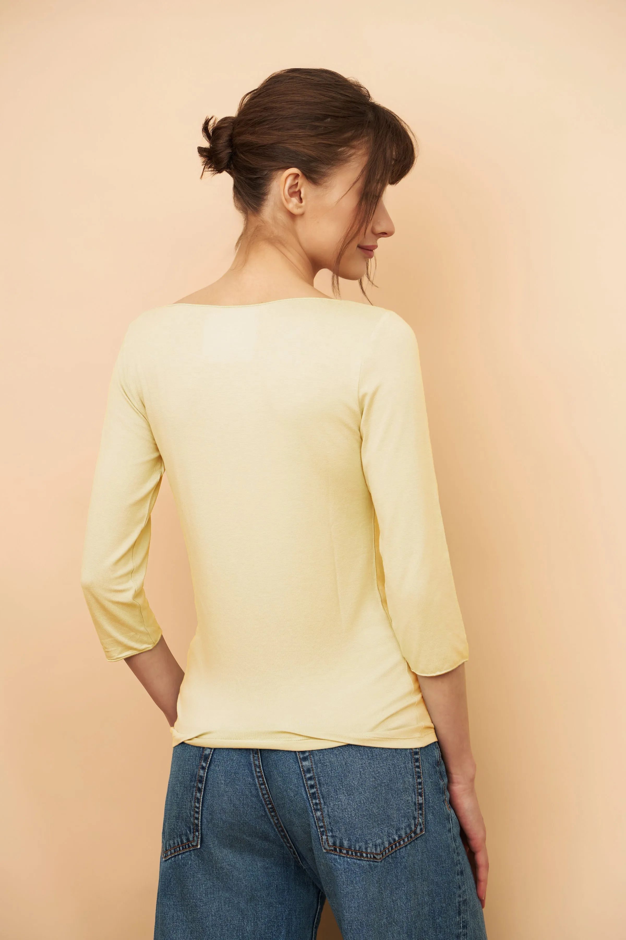 Majestic Soft Touch 3/4 Sleeve Merrow Edge Boatneck in Poussin