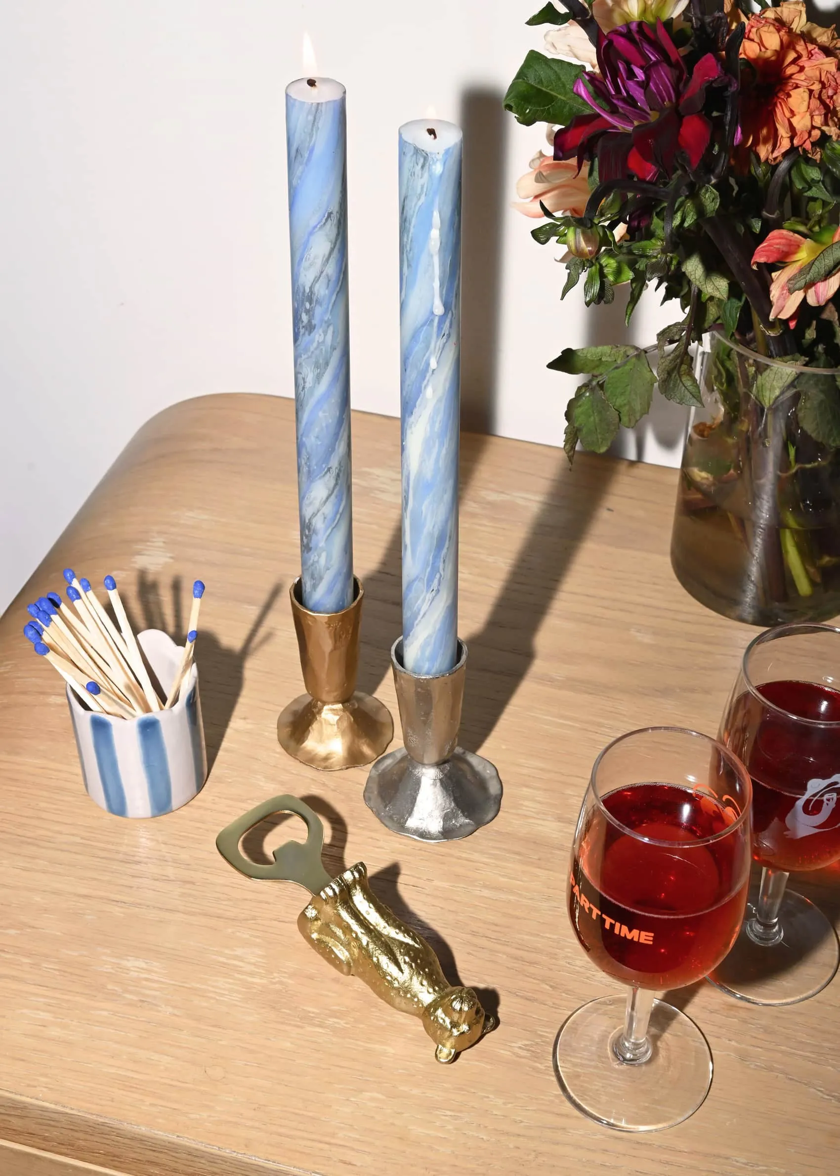 Marbled Taper Candles Set of 2 - Blue
