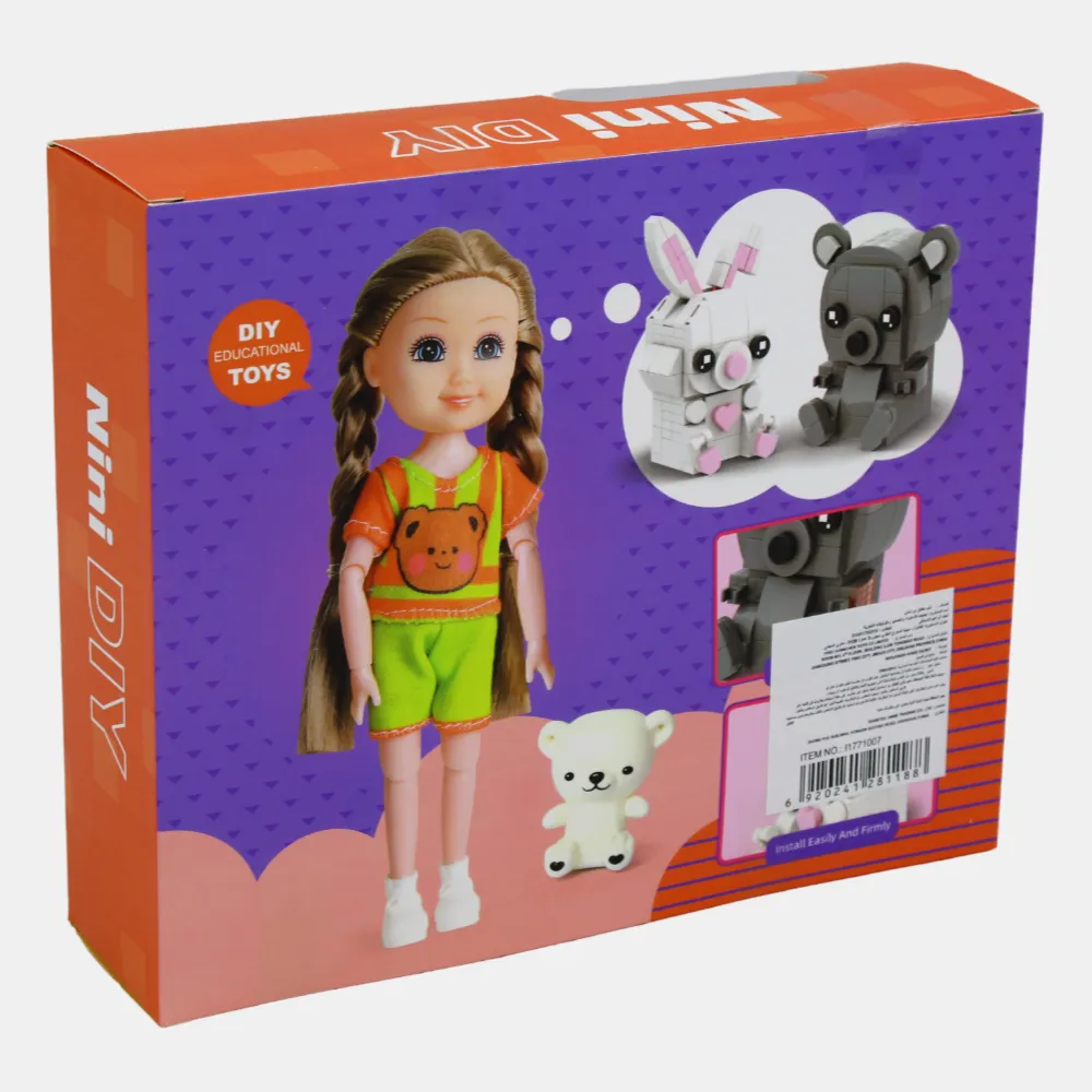 Nini Doll with Construction Toy  DIY Playset with a Little Dog & Rabbit