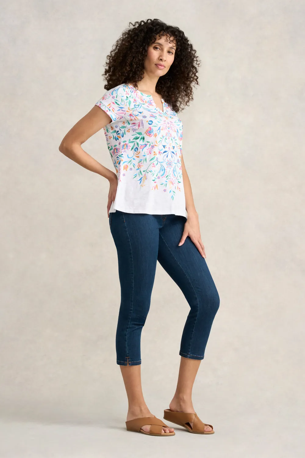 Notch Neck Cotton Tee - Jeanne Border Print