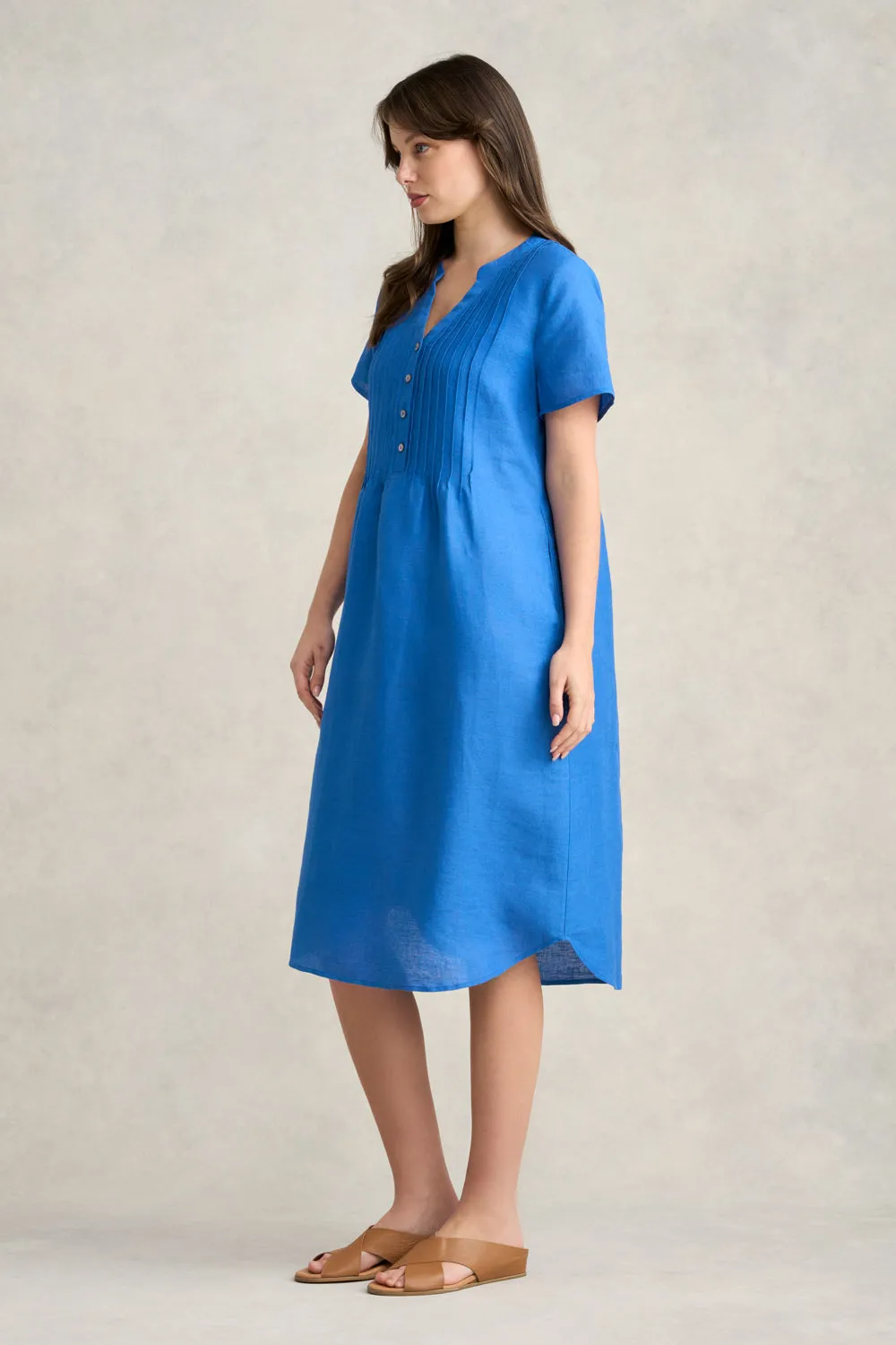 Pleated Front French Linen Dress - Indigo Blue