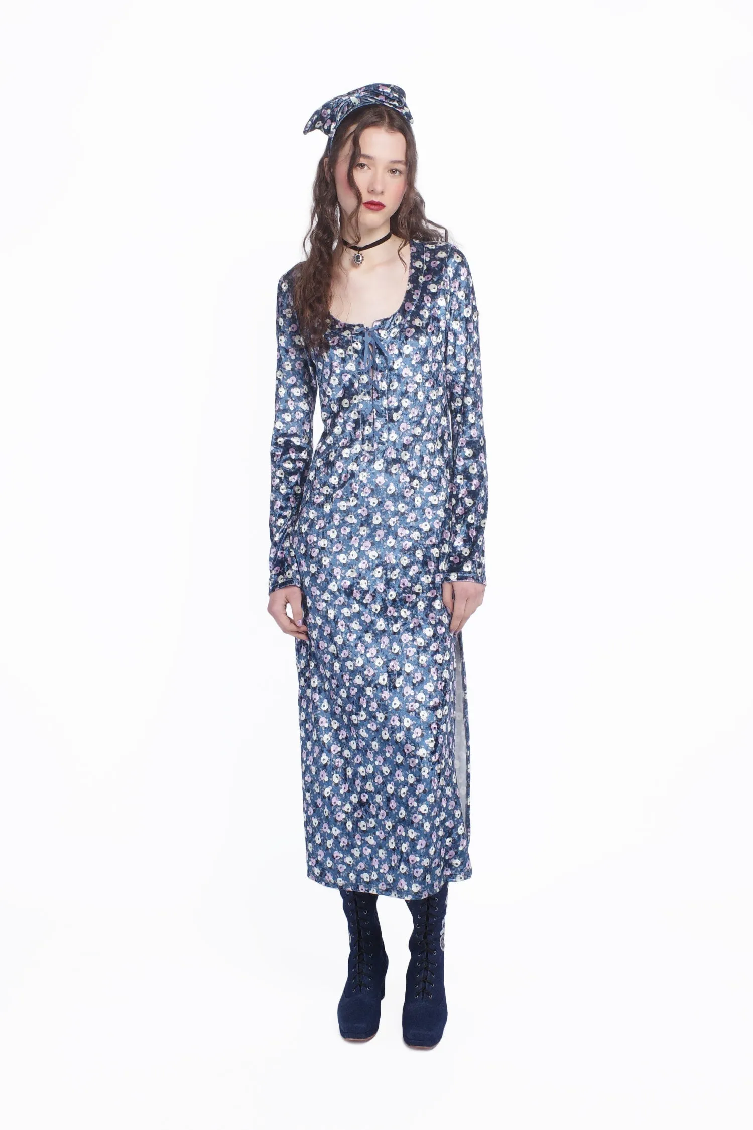 Posie Stretch Velvet Long Dress With Slit