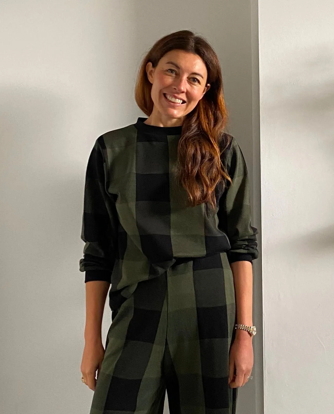 Sierra-Cay Knitted Check Top in Rosin Green and Black Check