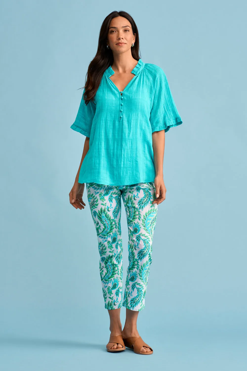 Textured Cotton Blouse - Turquoise