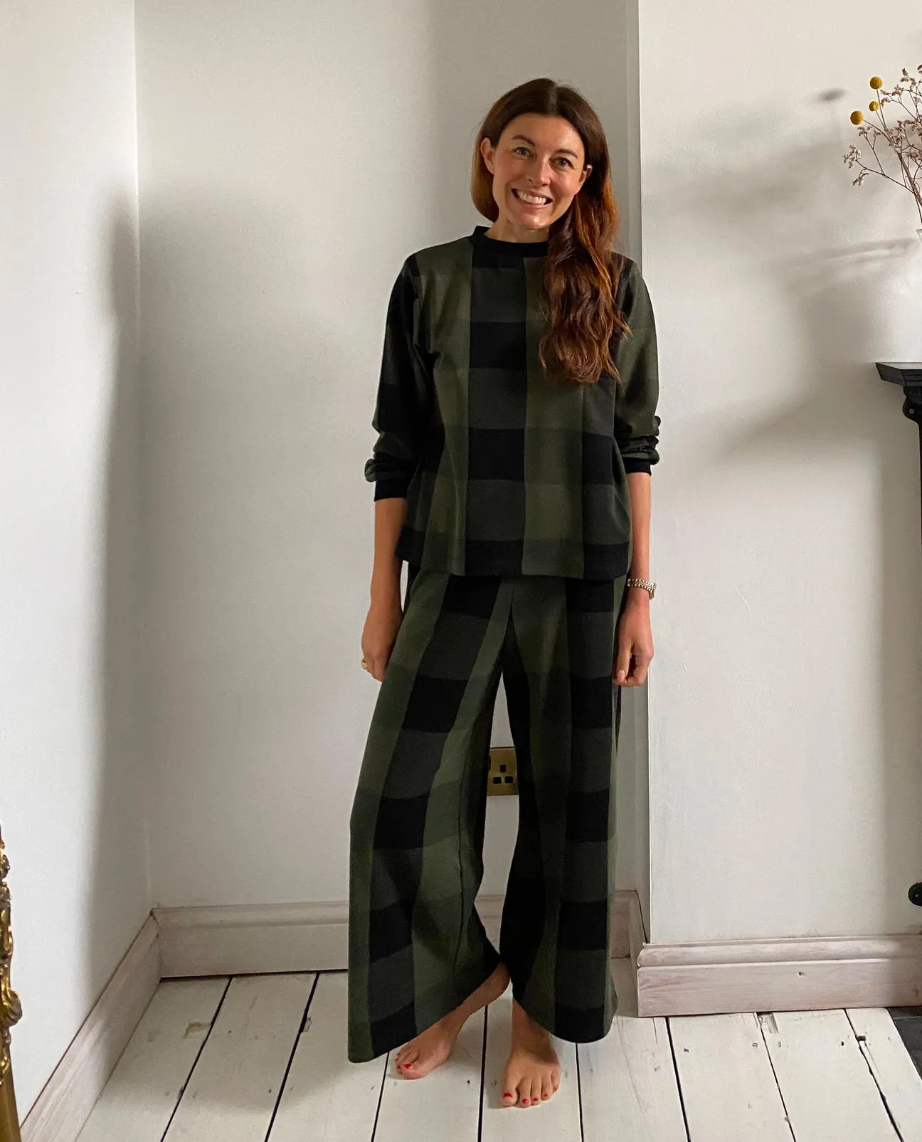 Thorne-Cay Organic Cotton Knitted Check Trouser in Rosin Green and Black Check