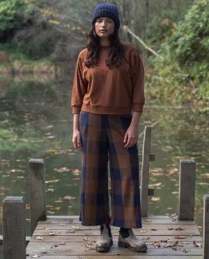 Thorne-Cay Organic Cotton Knitted Check Trouser in Walnut and Night Sky Check