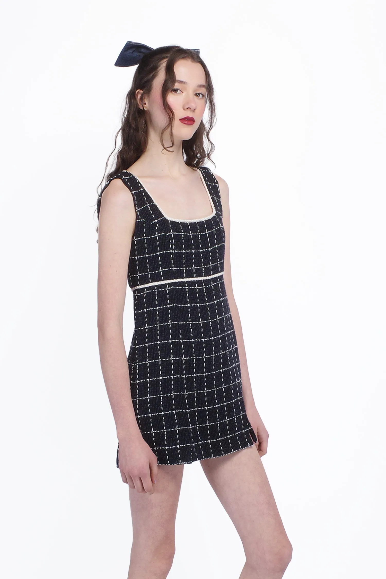Windowpane Tweed Square Neck Mini Dress